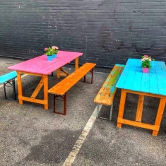 vintage table and benches