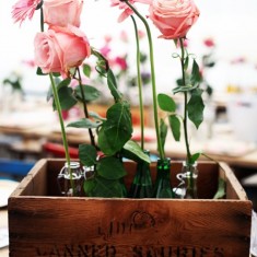 Roses in vintage wooden crate on table
