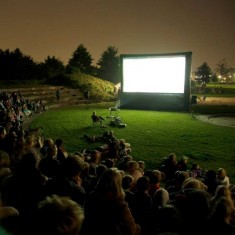Outdoor cinema screen at night