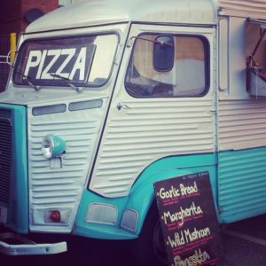 Blue and white pizza street food truck for hire